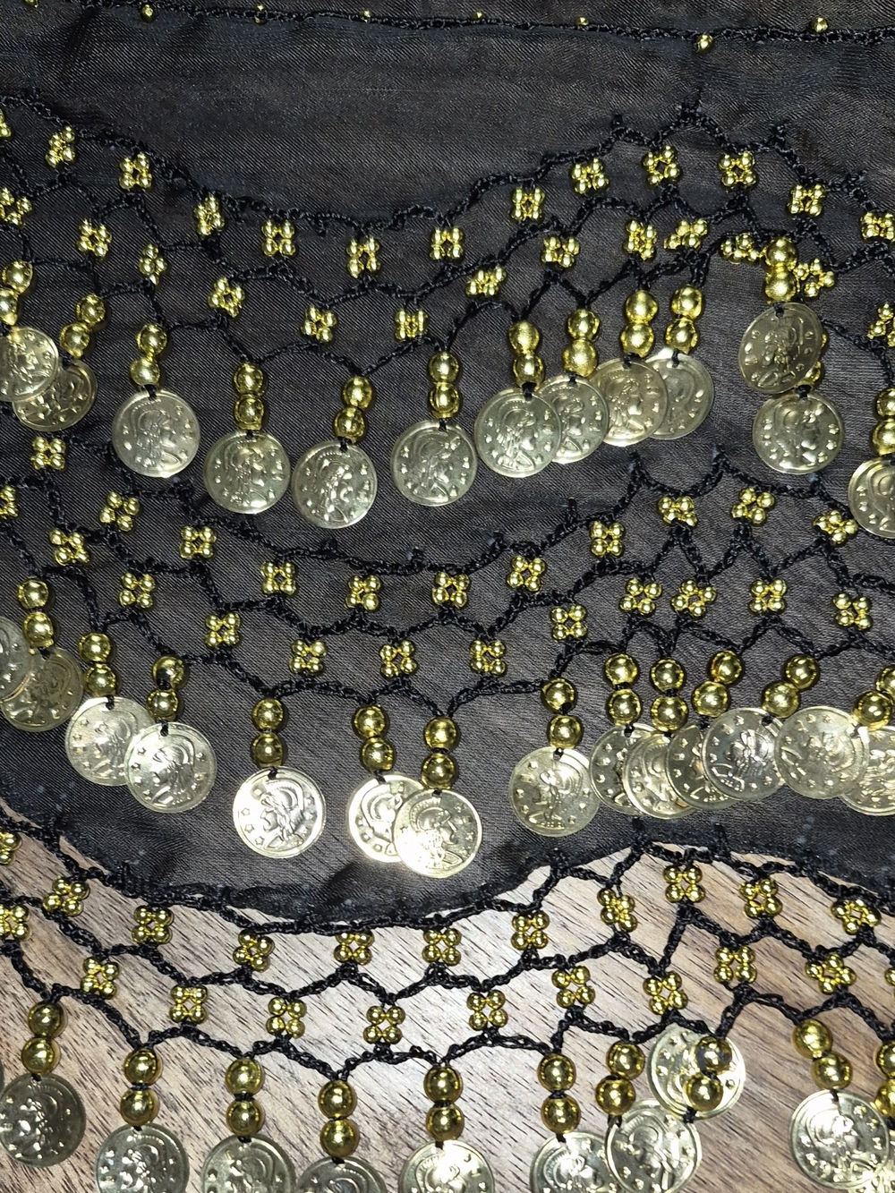 Beaded Coin Fringe Belly Dance Hip Scarf - Gold on Black